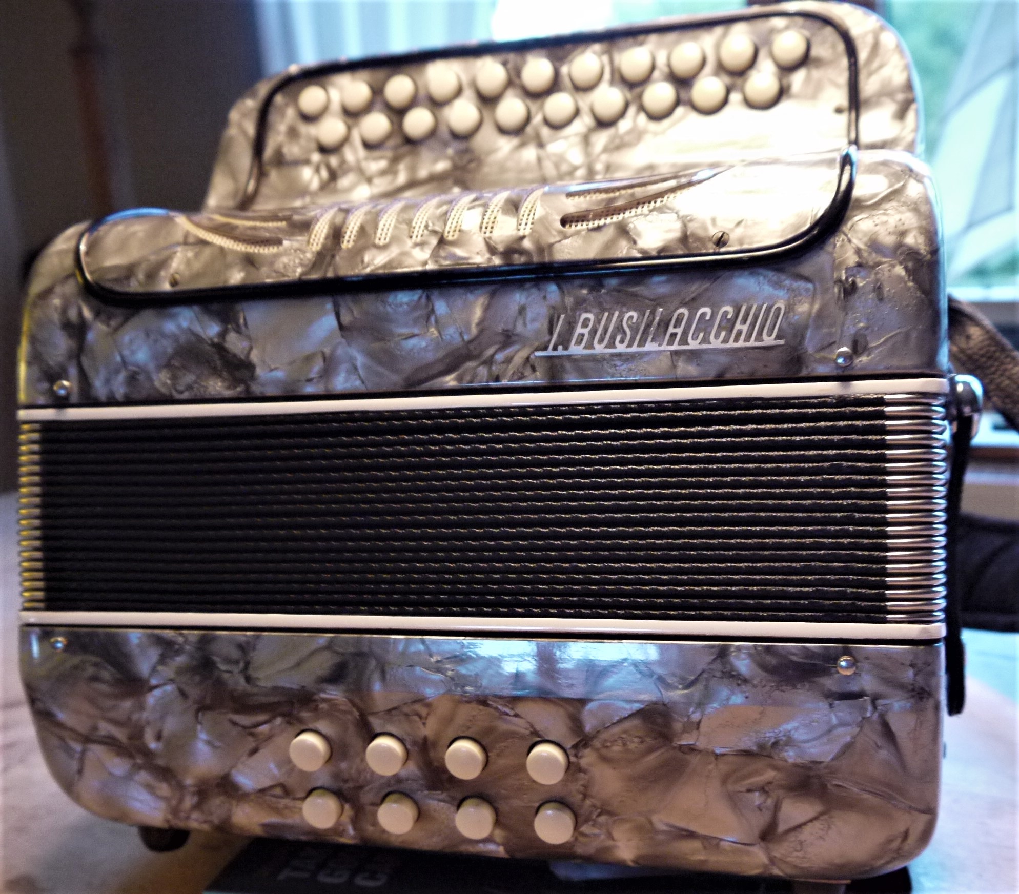 Used Busilacchio 2 voice perloid grey button accordion - Click Image to Close